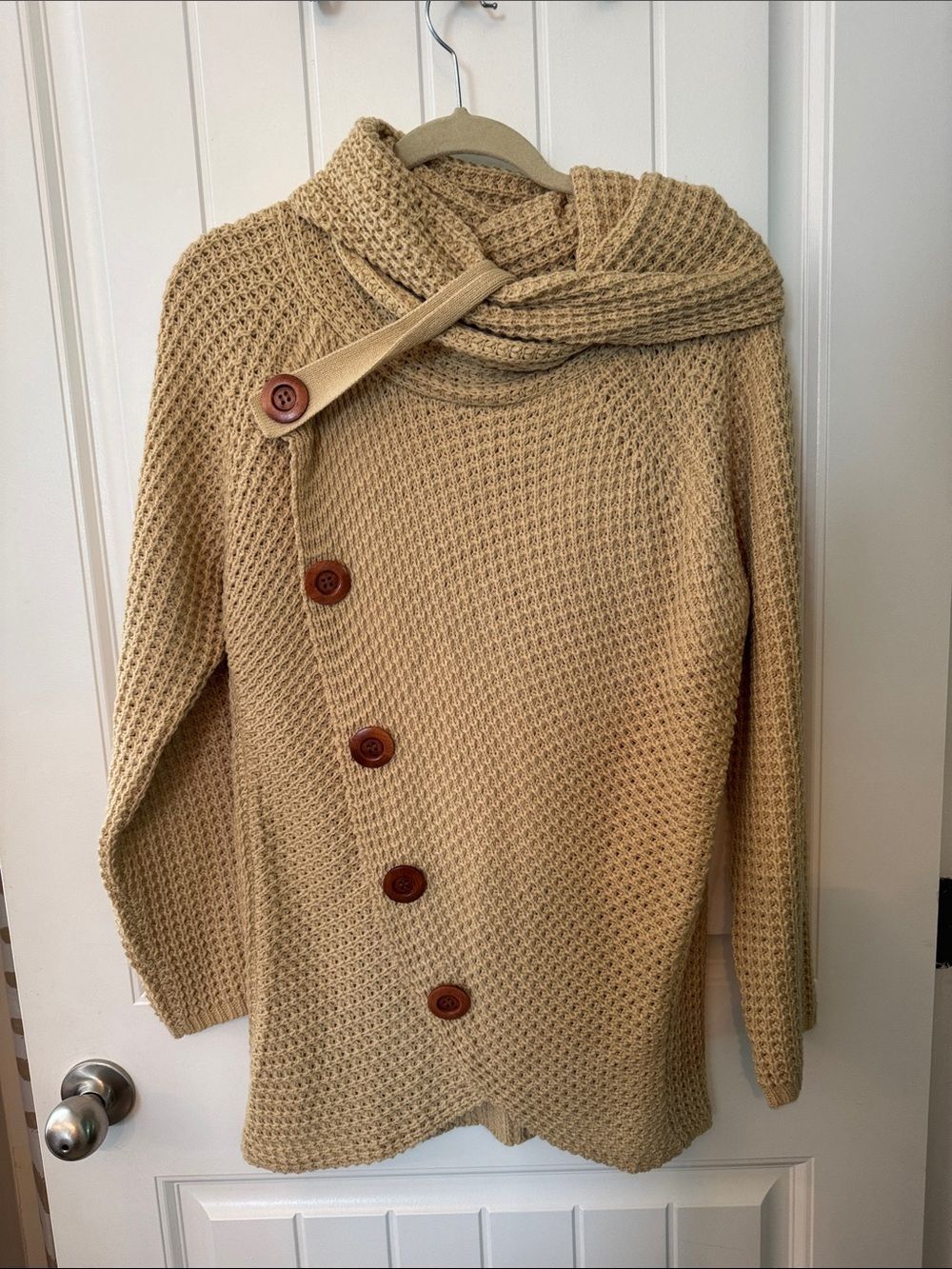 Button-Front Waffle Knit Cowl Neck Sweater - Cream